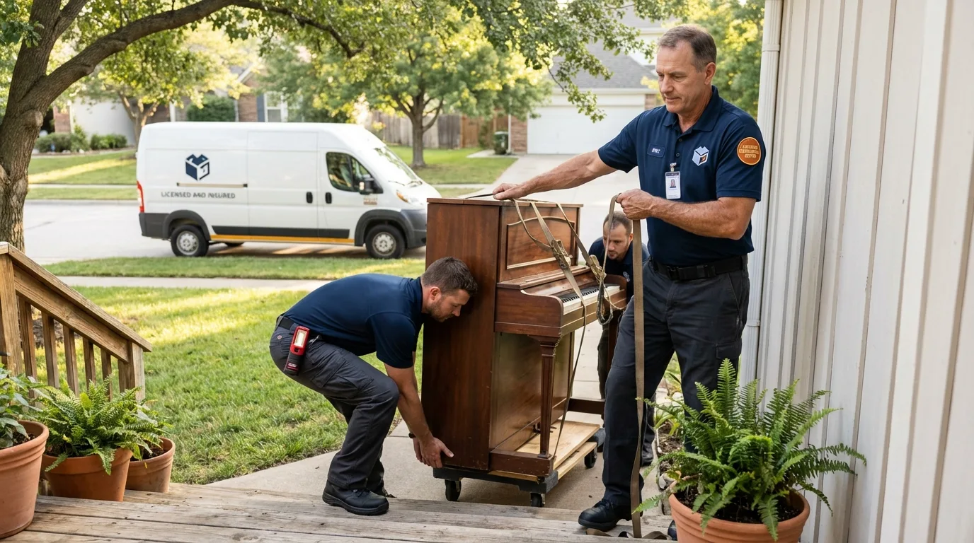 Licensed piano movers securing grand piano in Moorefield, WV